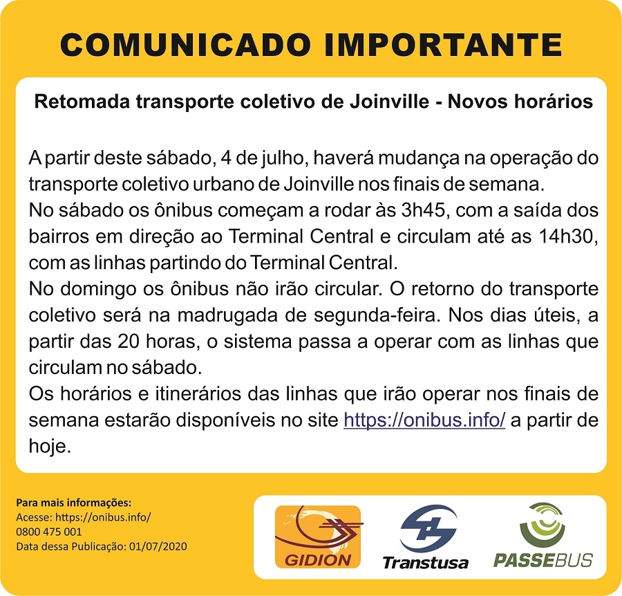 Mudanças no transporte coletivo de Joinville a partir de 04/07/2020! 