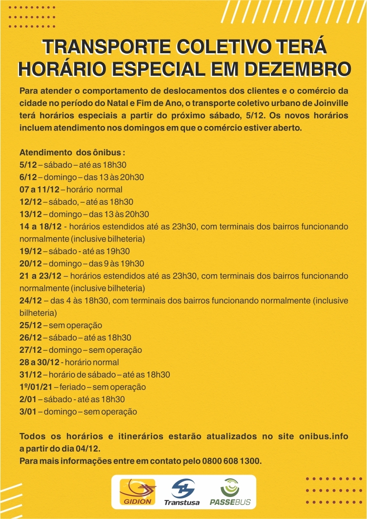 Transporte Coletivo terá horário especial em Dezembro
