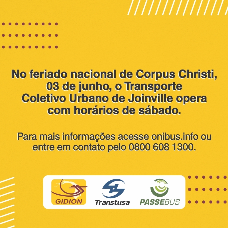 Horário dos ônibus no feriado de Corpus Christi - 03 de junho