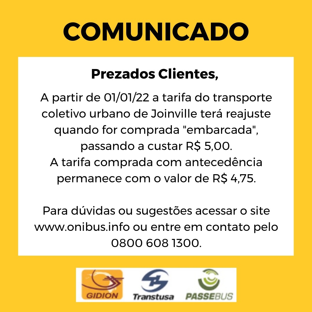 Reajuste tarifa embarcada transporte coletivo urbano Joinville