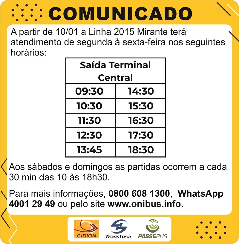 Linha Mirante vai operar todos os dias, a partir de 10/1/2022