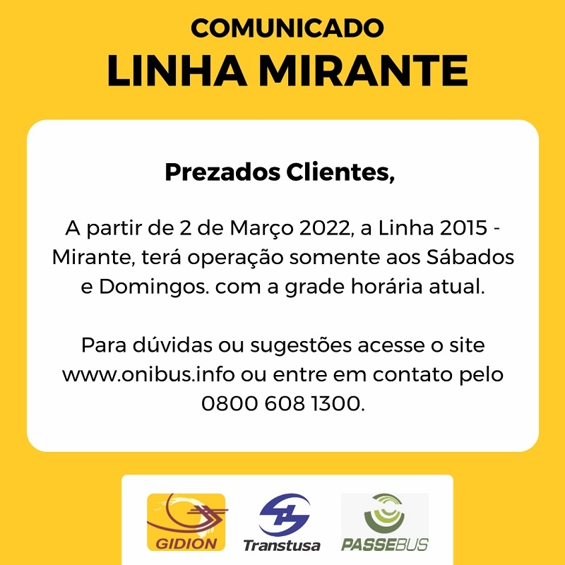 Alteração Linha Mirante a partir de 2 de março de 2022