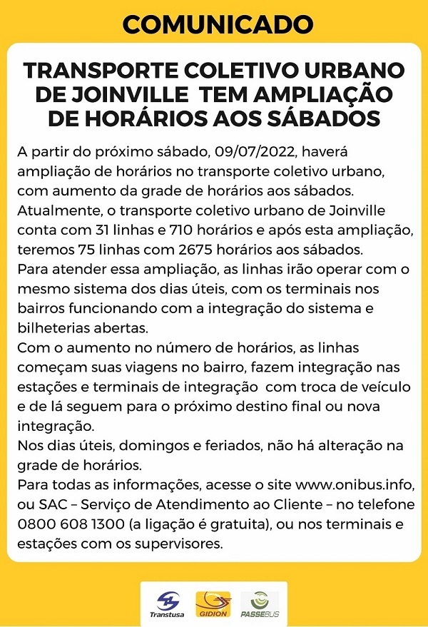 Transporte coletivo urbano de Joinville tem ampliação de horários aos sábados