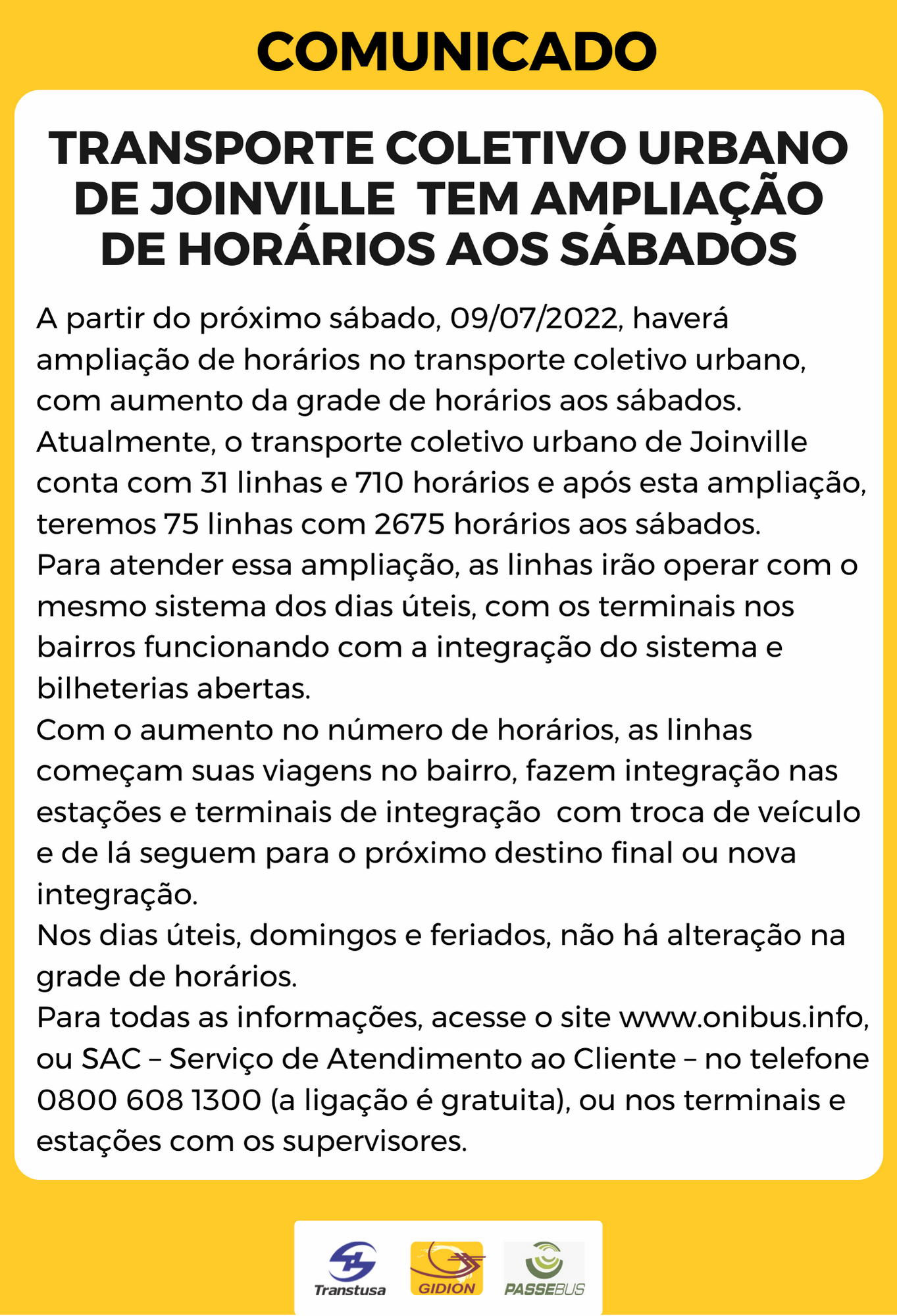 Transporte coletivo urbano de Joinville tem ampliação de horários aos sábados