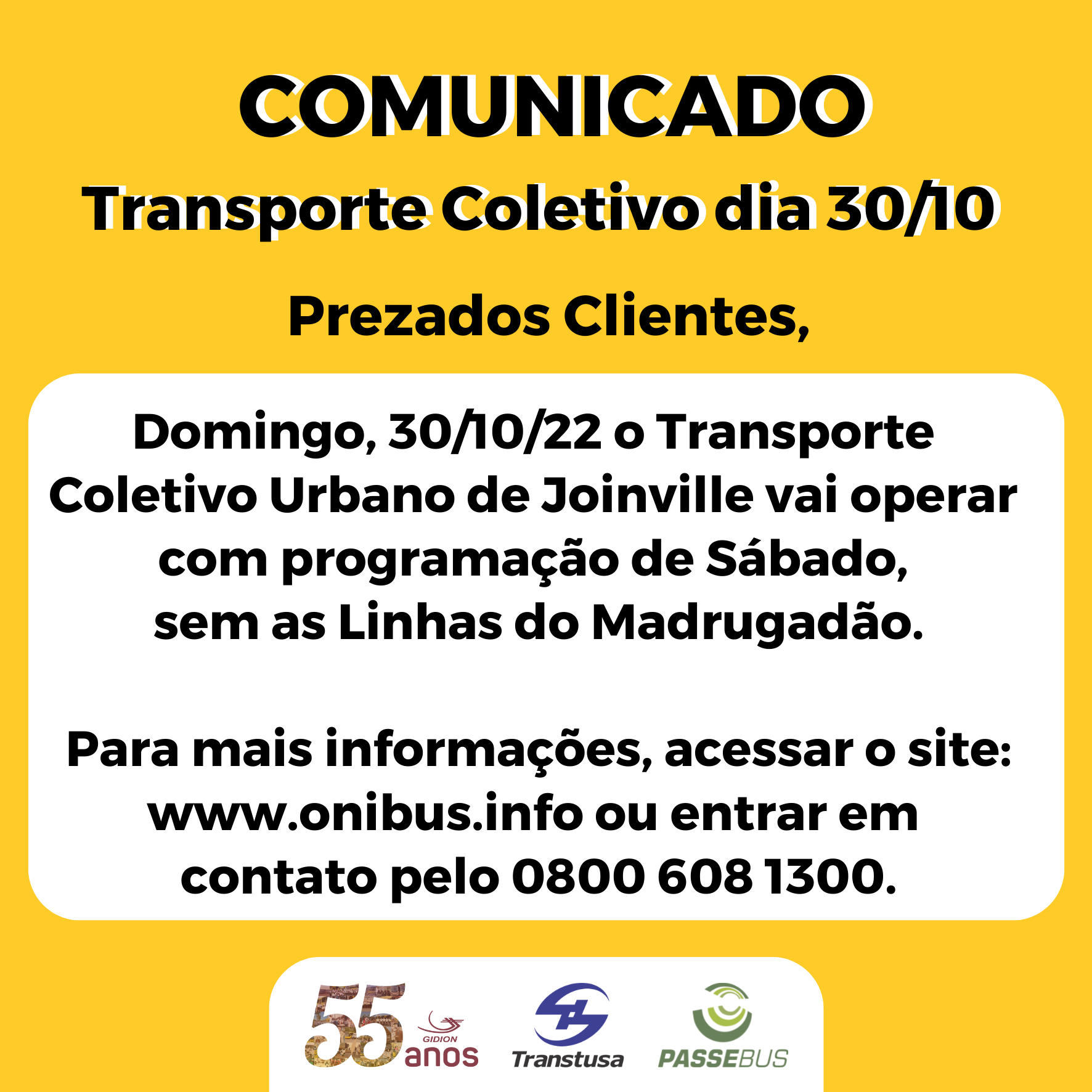 Horário dos ônibus em 30 de Outubro/22 - 2º Turno Eleições