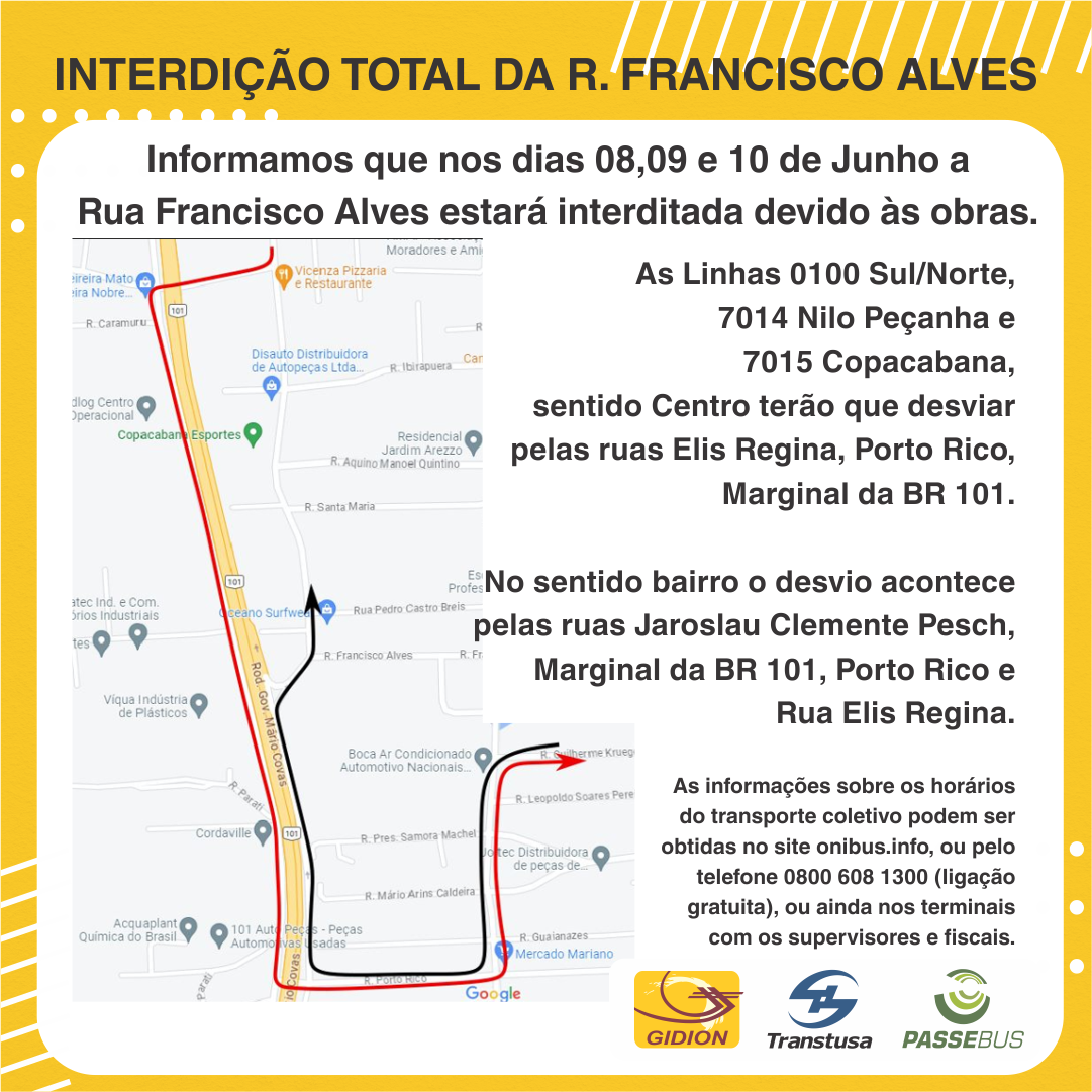 Gidion - Interdição total da Rua Francisco Alves | Dias 08, 09 e