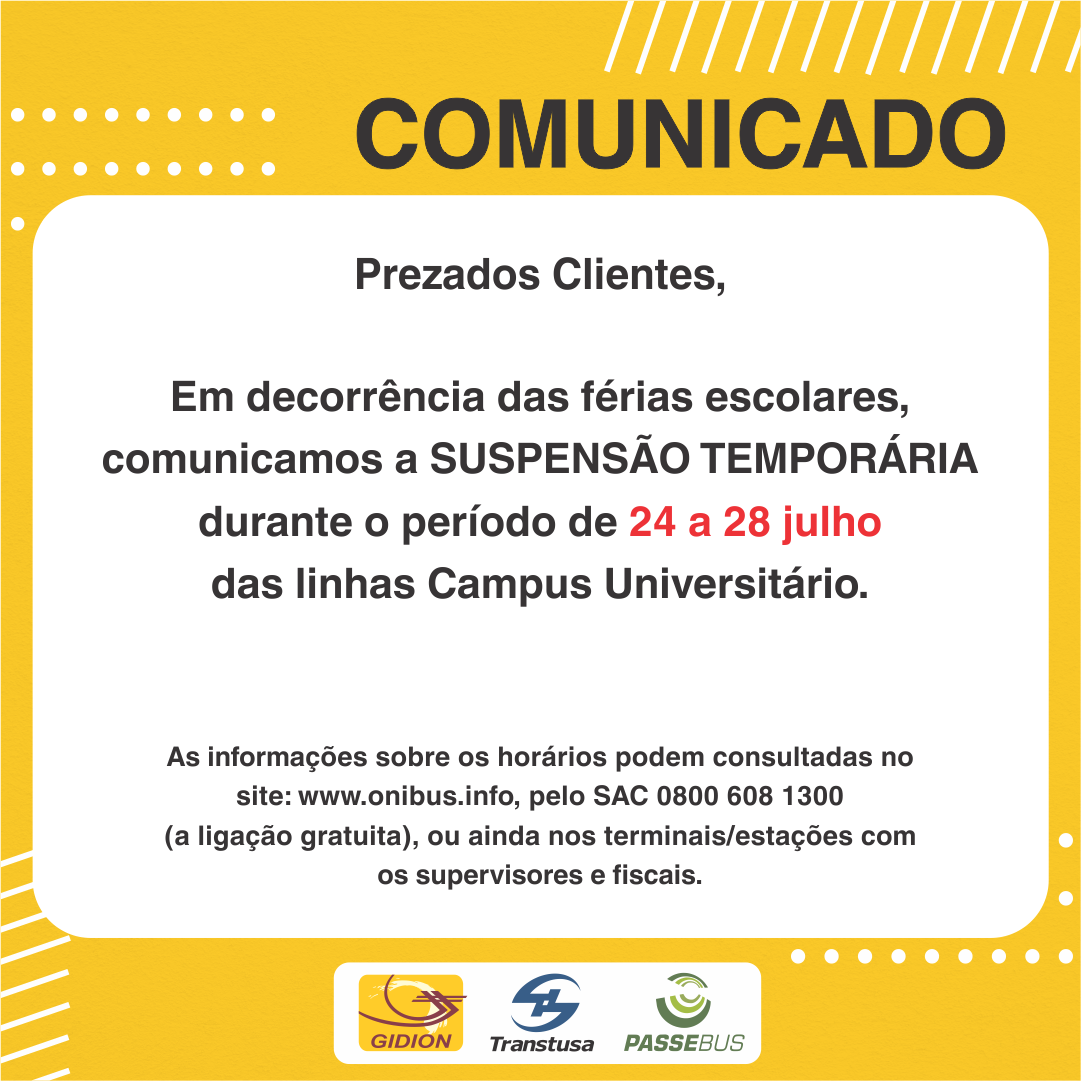 Suspensão temporária das Linhas Campus Universitário
