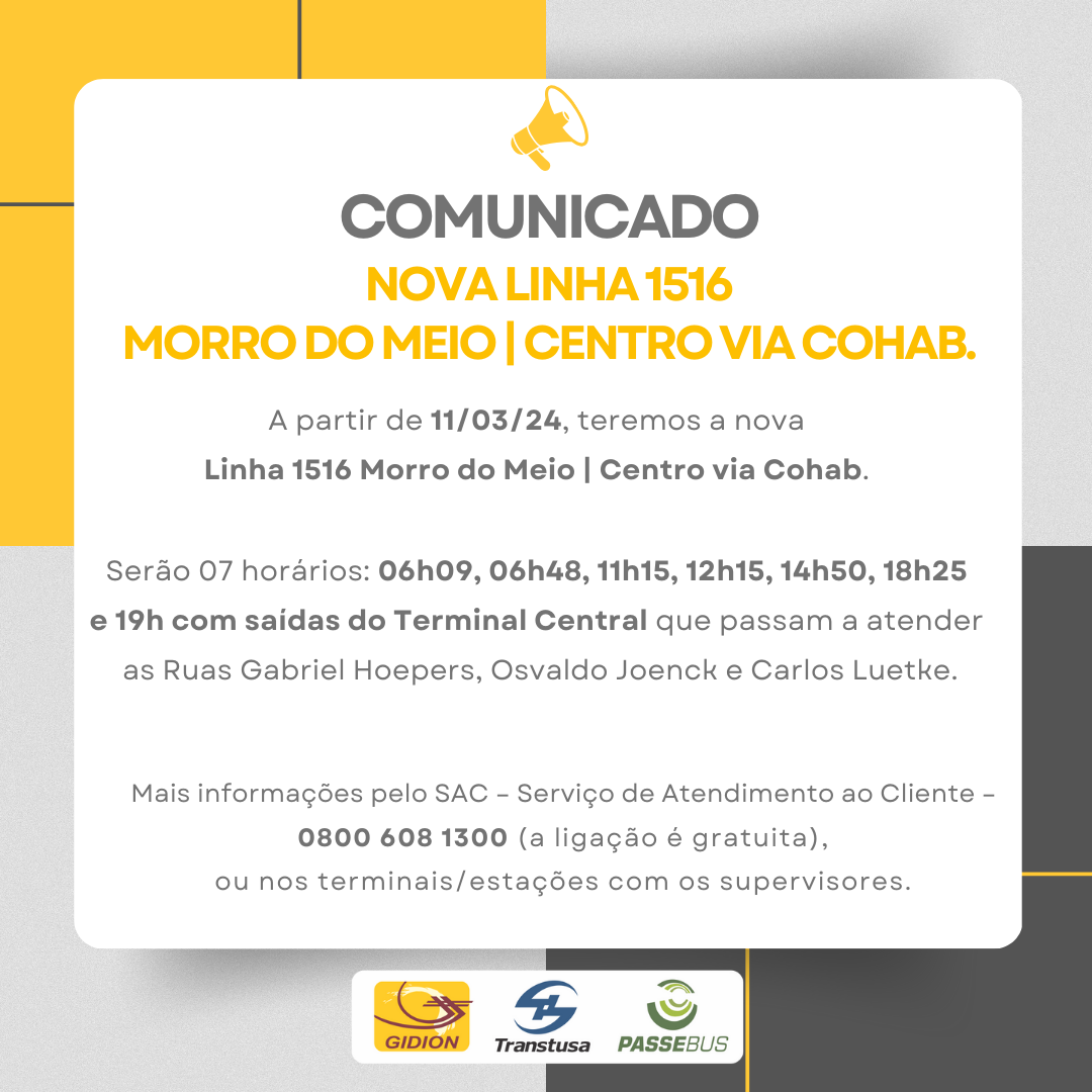 Nova Linha 1516 Morro do Meio | Centro via Cohab
