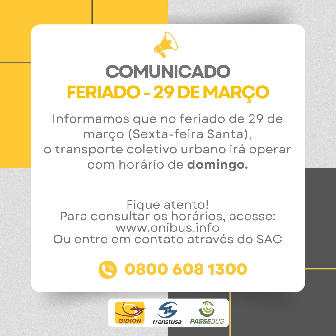 Horário de ônibus Feriado Sexta-feira Santa (29/03/24)