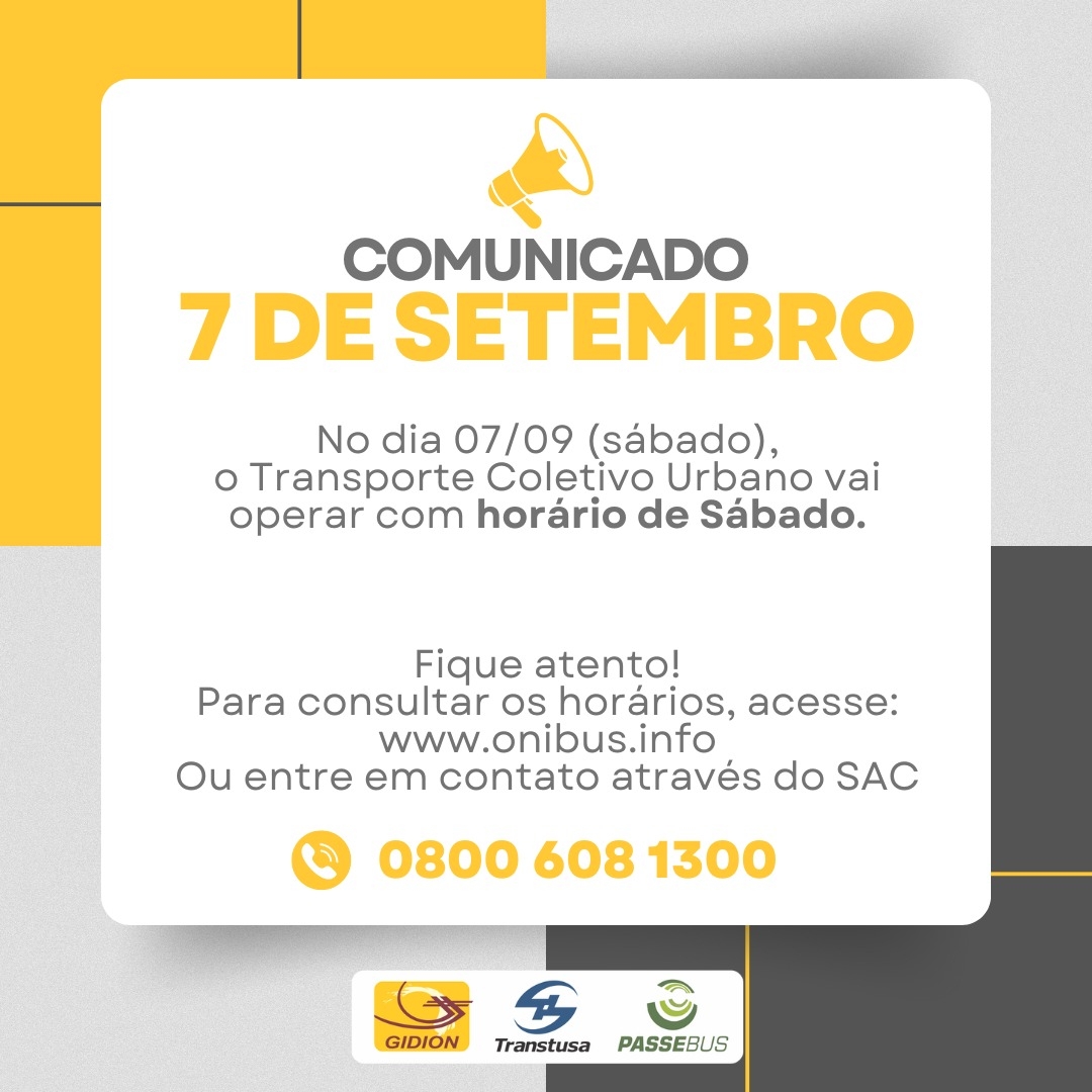 Horário de ônibus no Feriado 07 Setembro 2024