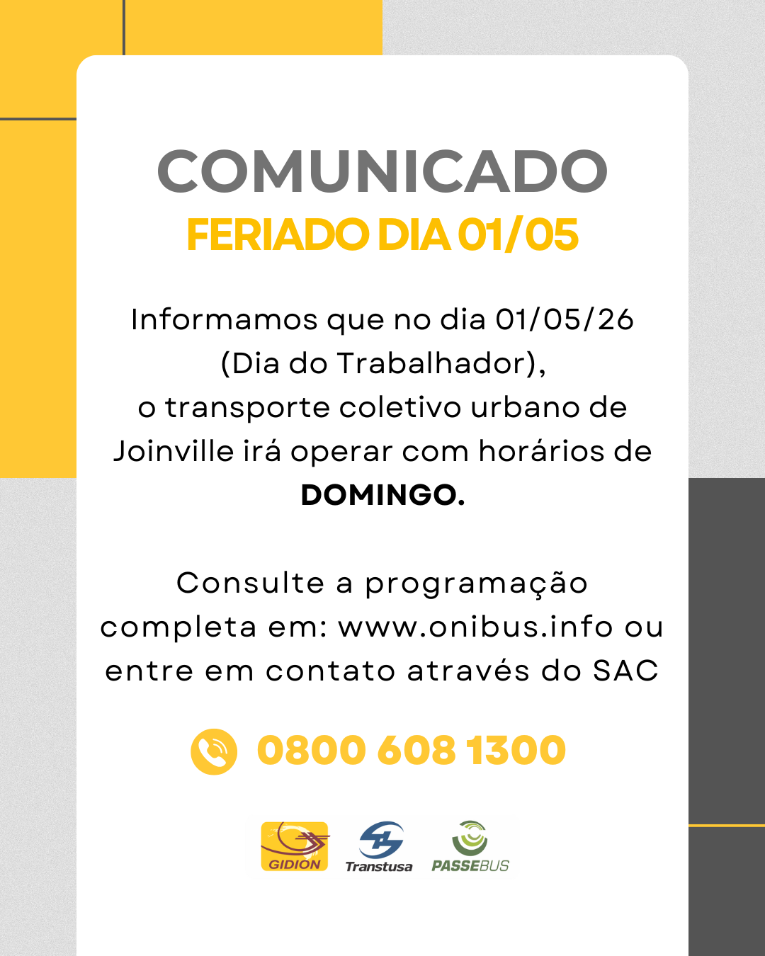 **Atenção Clientes** Horários Feriado 1º de Maio/2026