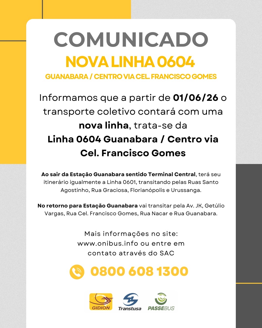 **Atenção Clientes | Linha nova Guanabara-Centro**