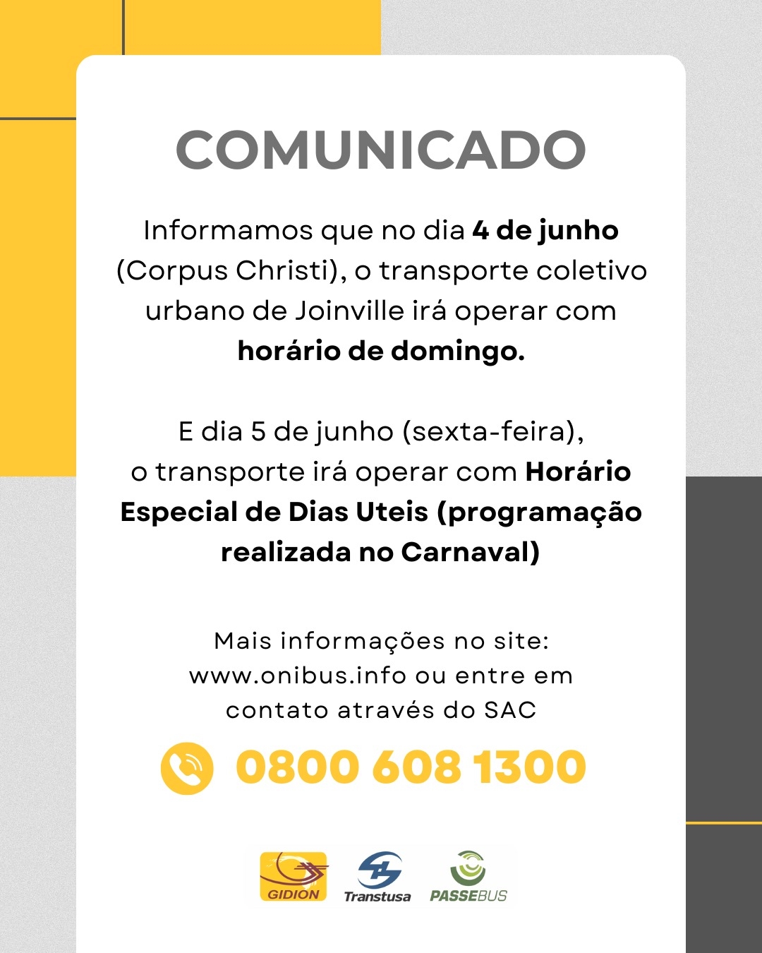 **Atenção Clientes** - Horários feriado de Corpus Christi/2026