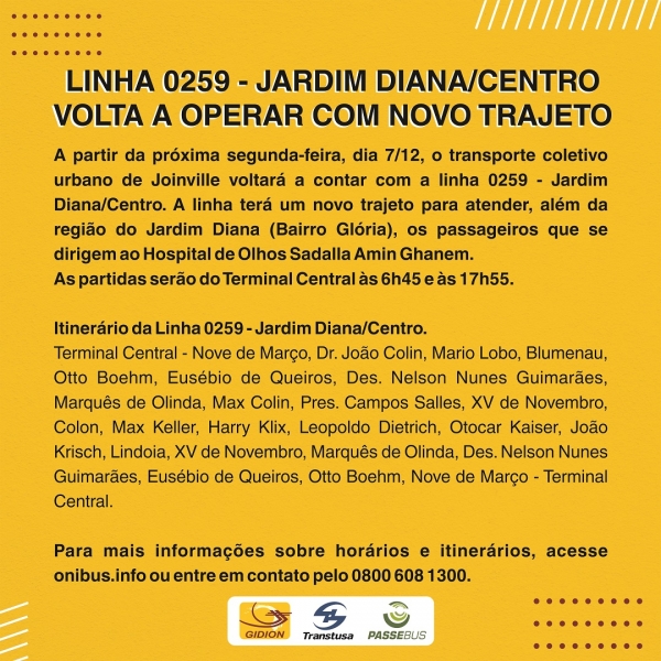 Linha 0259 - Jardim Diana/Centro volta a operar com novo trajeto
