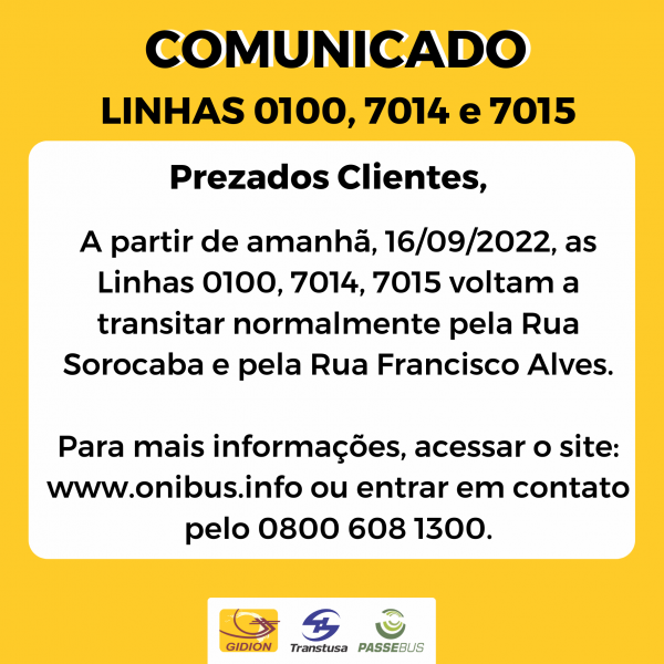 LINHAS 0100, 7014 e 7015 voltam a transitar nas Ruas Sorocaba e Francisco Alves