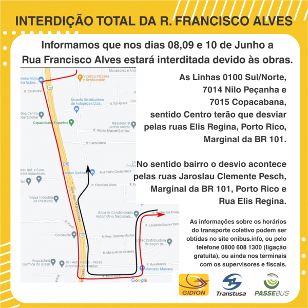 Interdição total da Rua Francisco Alves | Dias 08, 09 e 10 de junho/2023