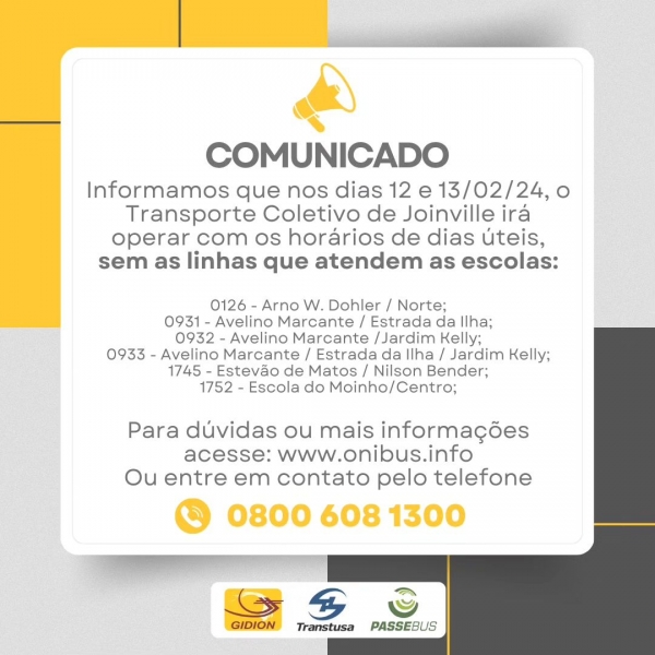 Comunicado | Transporte Coletivo nos dias 12 e 13/02/24