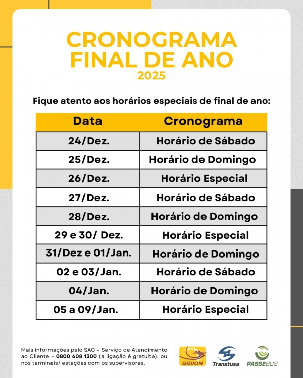 **Comunicado Cronograma das linhas Final de Ano 2025**