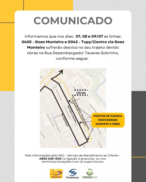 **Atenção Clientes** desvio de trajeto